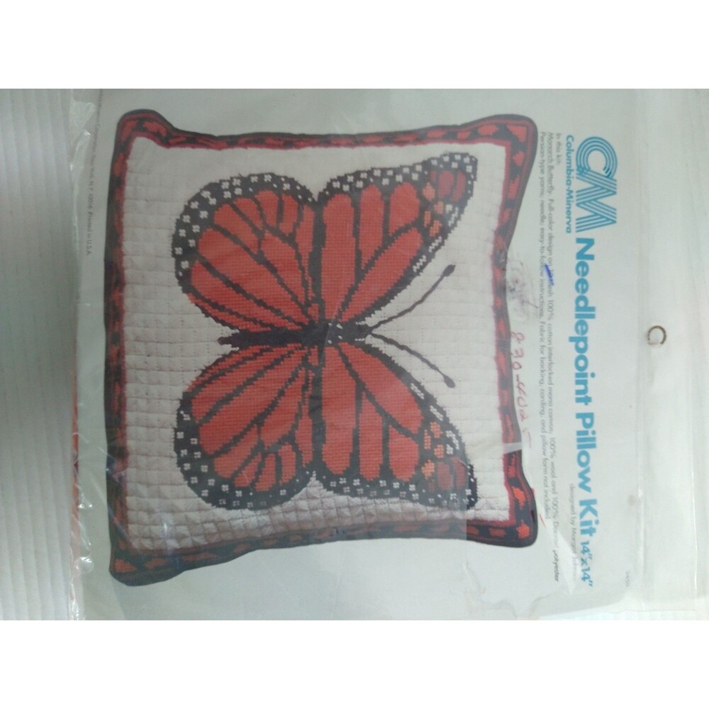 No Needle VTG Columbia Minerva Orange Monarch Butterfly Needlepoint Pillow Kit